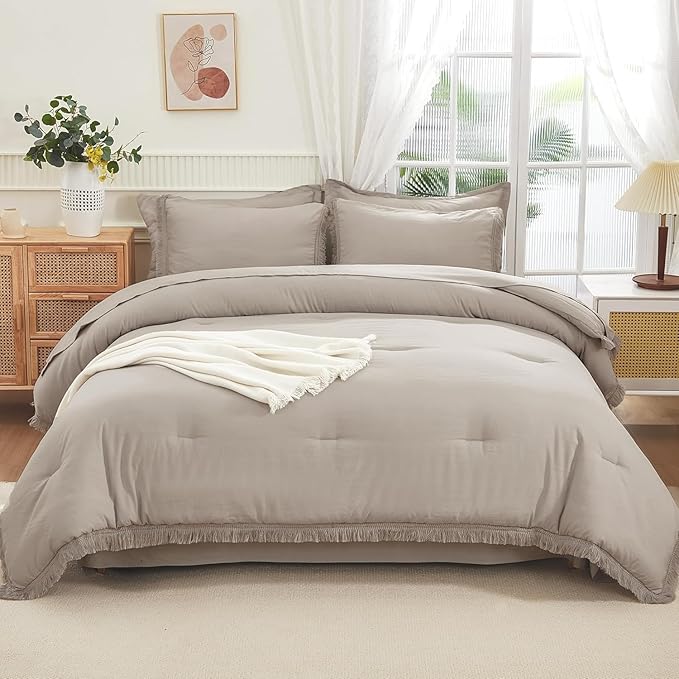 Andency Oversized King Comforter Set with Sheets 128x120 Wheat - 7 Pieces Bed in a Bag Boho Soft Lightweight Bedding Sets, Tassel Bed Set with Comforter, Sheets, Pillowcases & Shams