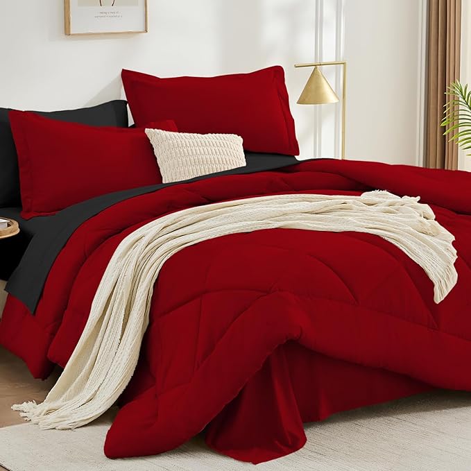 FUANNA 7 Pieces King Size Comforter Set, All Season Bed in a Bag King Size, Luxury Soft Bedding Sets with Comforter, Flat Sheet, Fitted Sheet, Pillowcases & Pillow Shams, Red & Black