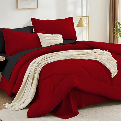FUANNA 7 Pieces King Size Comforter Set, All Season Bed in a Bag King Size, Luxury Soft Bedding Sets with Comforter, Flat Sheet, Fitted Sheet, Pillowcases & Pillow Shams, Red & Black