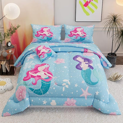 6 Pieces Memaid Comforter Sets,Blue Pattern with Sunflower and Mermaid,Decorative 6 Piece Bedding Sets with Comforter,Flat Sheet,Fitted Sheet,Throw Pillow Cover,Pillow Shams,Queen Size