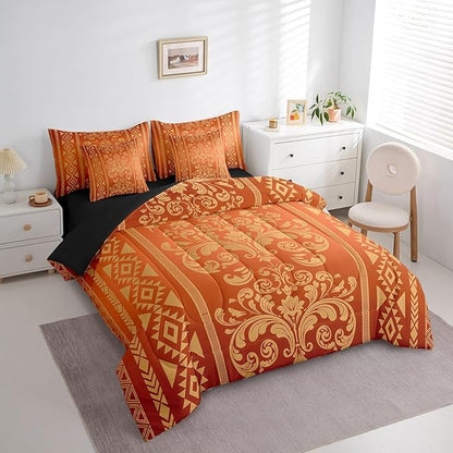Comforter Set Full Size, Yellow Aztec Damask 7 Pcs Bedding for Kids and Adults, Victorian Decor Western Baroque Goth Bed Sheet Sets with Fitted Sheet 2 Pillowcases & 2 Shams for Bedroom Bed Decor