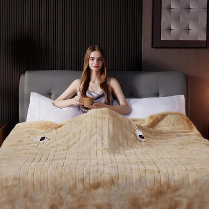 Guohaoi Heated Blanket Electric Throw, Soft Faux Rabbit Fur Electric Blanket with 10 Heating Levels 5 Sitting Timer Auto Off, Dual-Controller Heating Blankets, Machine Washable(84"×90" Beige)