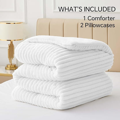 BEDELITE Fleece Full Comforter Set -Super Soft & Warm Fluffy Bright White Bedding, Luxury Fuzzy Heavy Bed Set for Winter with 2 Pillow Cases