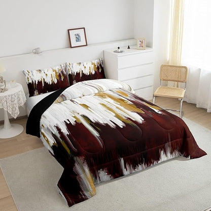 Erosebridal Burgundy Comforter Set King Ombre Abstract Art Bedding Set, Brush Marks Gradient Bedding Comforter Sets Contemporary Vintage Duvet Sets, Watercolor Stripe Aesthetic Quilted Comforter