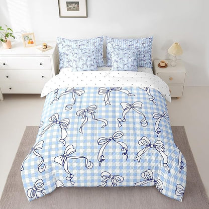 Feelyou Kawaii Bow Bedding Set for All Season Plaid Girls Bow 7 Pieces Comforter Sets Queen Size Teens Room Decor Cute Bowknot Bed in a Bag with Comforter, Sheets, Pillowcases & Cushion Cover