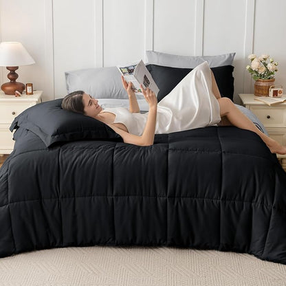 JOLLYVOGUE Twin XL Comforter Set, Ultra-Soft Bed in a Bag Twin XL Size 5 Pieces, Oeko-TEX Certified Bedding Set with Down Alternative Comforter, Sheets, Pillowcases & Shams, Black & Light Grey