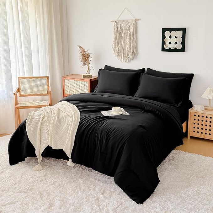 Queen Comforter Duvet Cover Set Black- 7-Piece Bed in a Bag, Double Brushed Micorfiber All-Season Soft Bedding with Sheets & Envelope Pillowcases (88"x88",Queen)