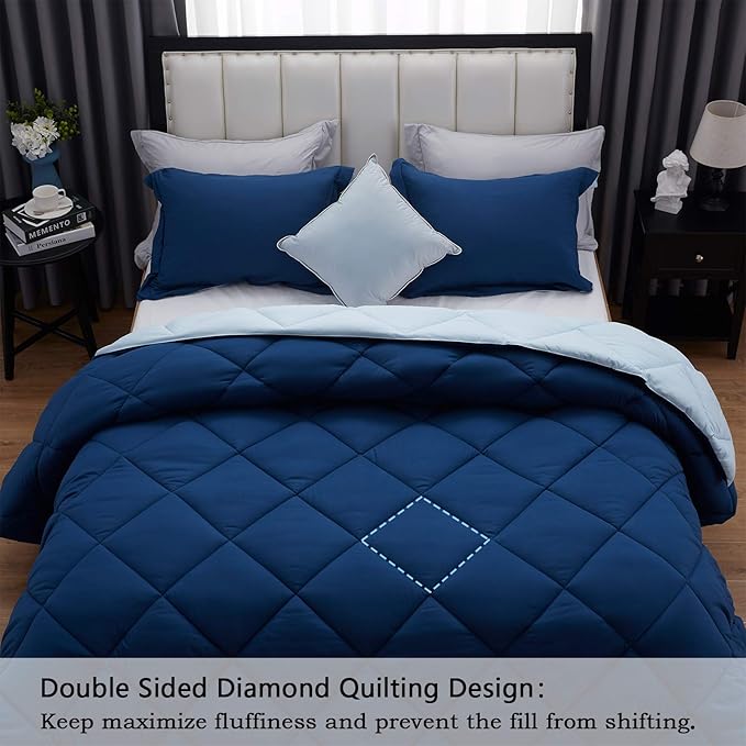 NexHome King Size Comforter Set Navy Blue&Light Blue, 3 Pieces Lightweight Reversible Comforter King Size, All Season Fluffy Down Alternative Comforter Bed Set Quilt Blanket