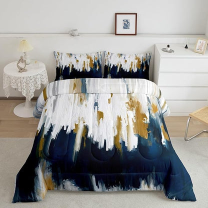 Erosebridal Navy Blue Bedding Full Gradient Brush Marks Comforter Set, Watercolor Stripe Aesthetic Down Comforter Abstract Ombre Bedding Comforter Sets, Chic Vintage Contemporary Duvet Insert 3pcs