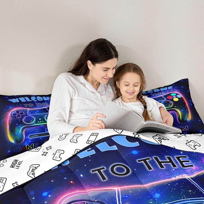 jejeloiu Cool Gamer Bedding Set Full Size for Boys 3D Gaming Comforter Set Kids Teens Bright Blue Duvet Set Modern Game Console Quilt Set 3Pcs