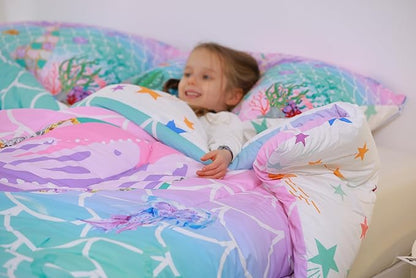Erosebridal Mermaid Tail Comforter Set,Kids Fish Scales Down Comforter King,Girly Rainbow Bedding Set Ocean Life Sea Animal Quilted Duvet Teal Sequins Pastel Pink Paillette Bedroom Decor,Multicolor