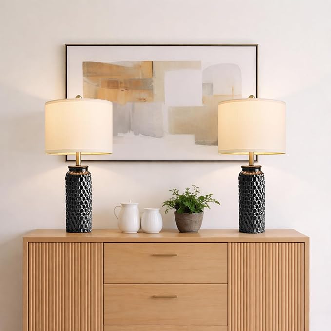 24" Modern Ceramic Black Bedside Lamp Set of 2 Table Lamp for Bedroom Decor Farmhouse Table Lamp for Living Room Office Dorm
