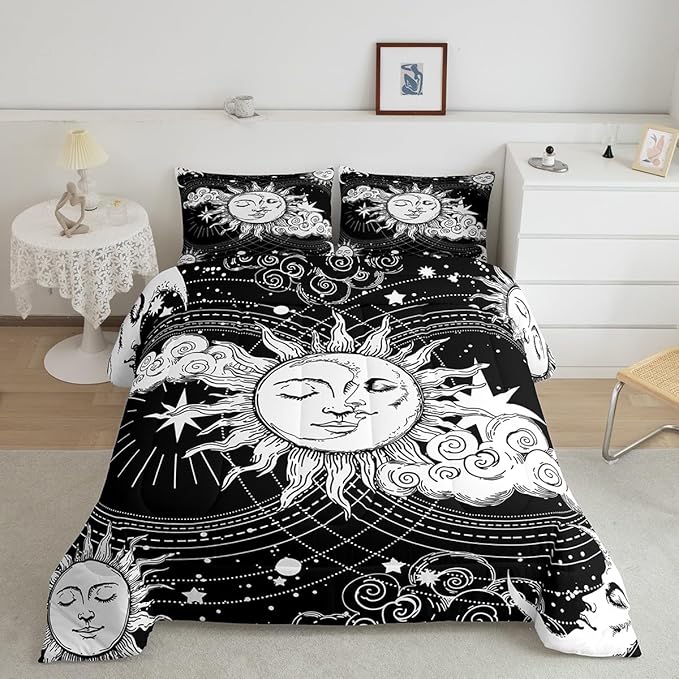 Erosebridal Black White Sun Moon Bedding Set Queen Size Hippie Comforter Set, Boho Exotic Home Decor Down Comforter Modern Kid Teen Boy Girls Bohemian Indian Duvet Insert for Bedroom
