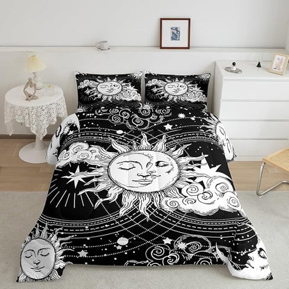 Erosebridal Black White Sun Moon Bedding Set Queen Size Hippie Comforter Set, Boho Exotic Home Decor Down Comforter Modern Kid Teen Boy Girls Bohemian Indian Duvet Insert for Bedroom