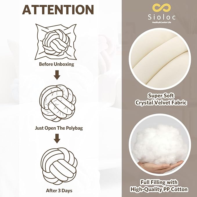 Sioloc Soft Knot Ball Pillows,Round Throw Pillow Cushion Home Decoration Plush Pillow,Throw Knotted Pillow Handmade Round Plush Pillow（13.7inches,Ivory）