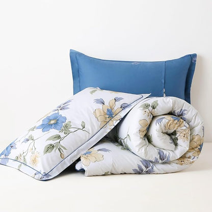 Cotton Comforter Queen Size Set – White Blue Floral Cotton Shell Bedding, Soft & Breathable, All-Season Down-Alternative Fill, Includes 1 Comforter & 1 Pillow Sham