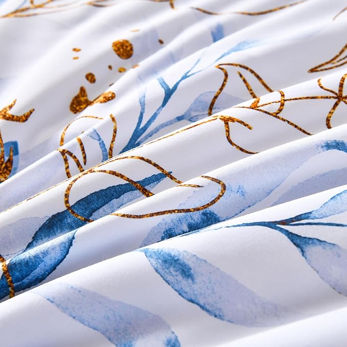WONGS BEDDING Blue Comforter Set Full, 7 Pieces Botanical l Reversible Bed in a Bag Golden Blue Leaves Bedding Set Soft Microfiber (1 Comforter,2 Pillowcase,2 Pillow Shams,1 Flat Sheet,1 Fitted Sheet)