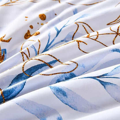 WONGS BEDDING Blue Comforter Set Full, 7 Pieces Botanical l Reversible Bed in a Bag Golden Blue Leaves Bedding Set Soft Microfiber (1 Comforter,2 Pillowcase,2 Pillow Shams,1 Flat Sheet,1 Fitted Sheet)