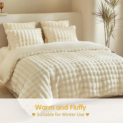 Tokokimo Faux Fur Comforter Set King Size, Ultra Soft Reversible Heavyweight Fluffy Bedding, Extra Warm Winter Comforter with 2 Pillow Cases, All Season Fuzzy Comforter Set, Beige