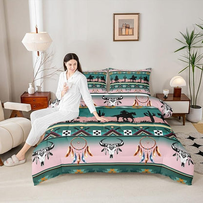 Erosebridal Western Comforter Set Toddler Size, Longhorn Skull Dream Catcher Boho Bedding Set for Kids Boys Teens Adult Bedroom, Cowboy Horse Aztec Quilt Southwestern Geometric Duvet Insert, Green