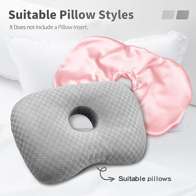 Washable Ear Piercing Pillowcase - Removable Satin Cover with Hole for Side Sleepers, CNH & Ear Pain Relief, Soft Guard for Pressure Sores, Light Pink Silk