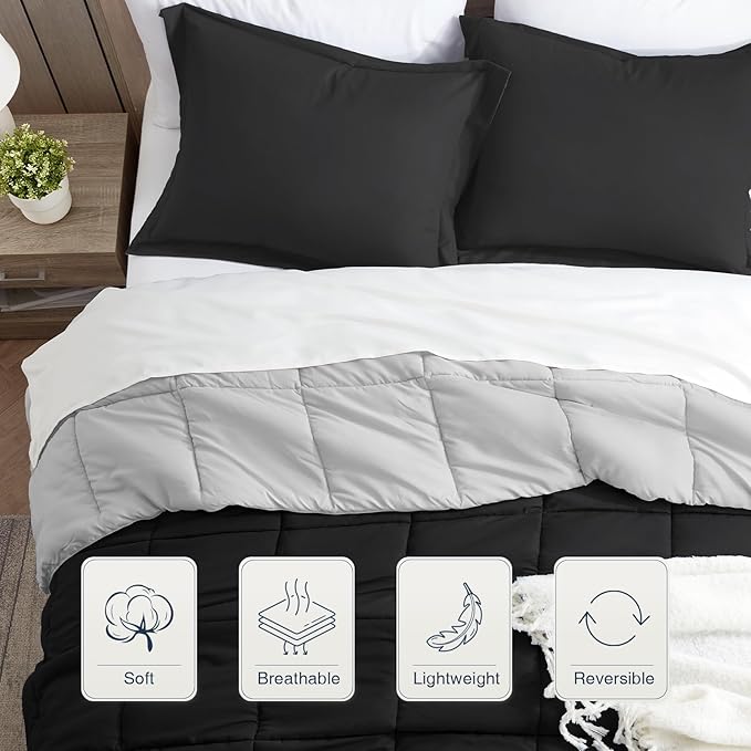 satisomnia Twin Comforter Set, Black Bedding Comforters Twin XL Size, 2 Pieces Down Alternative Bed Comforter Lightweight, Soft Quilted Bed Set Breathable, Reversible All Season Bedding Sets
