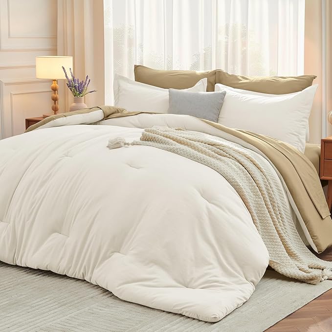 MUXHOMO 7 Pieces Queen Comforter Set, Soft Bed in a Bag Queen Size, All Season Bedding Set with Comforter, Flat Sheet, Fitted Sheet, Pillowcases & Shams, Ivory & Khaki