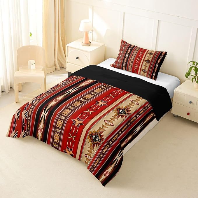 Erosebridal Aztec Bedding Set Ethnic Tribal Arrow Comforter Set,Vintage Southwestern Native Bohemian Quilt Twin,Western Star Duvet Insert Exotic Geometric Diamond Stripes Room Decor,Red and Black