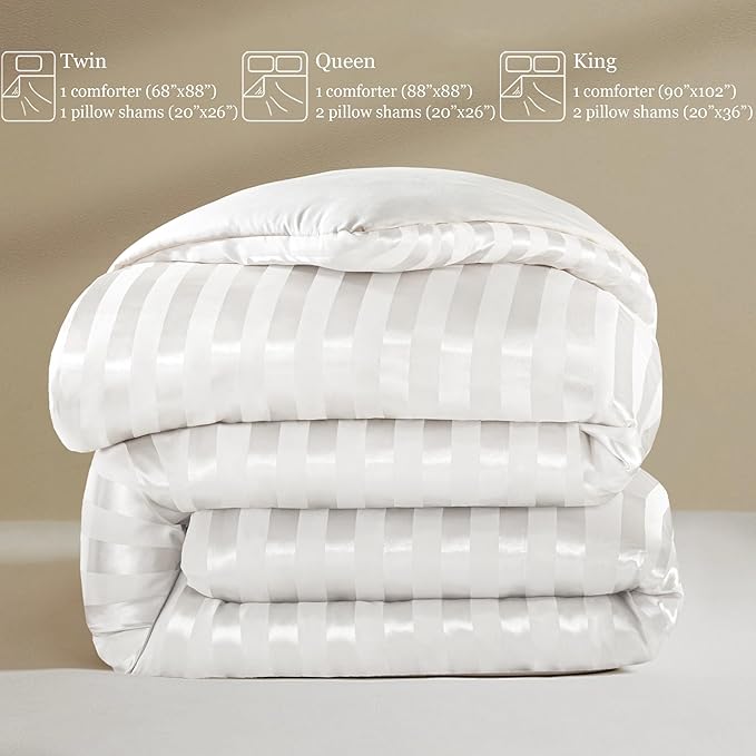 Whale Flotilla 3-Piece Reversible Silky Soft Queen Comforter Set, Luxury Stripe Satin Comforters Full Size Bedding Set with 2 Satin Pillowcases, Lightweight Duvet for All Seasons, White