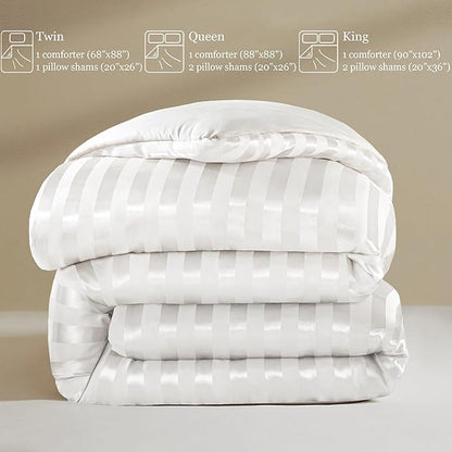 Whale Flotilla 3-Piece Reversible Silky Soft King Size Comforter Set, Luxury Stripe Satin Oversized Comforter Bedding Set with 2 Satin Pillowcases, Lightweight Duvet for All Seasons, White