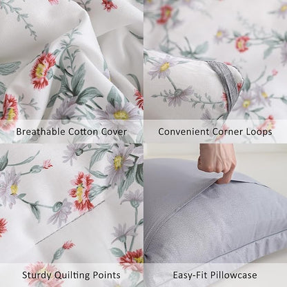 White Floral Cotton Comforter Queen Size - 3PC Lightweight Bedding Sets with Soft Fill, Elegant Pale Purple & Burgundy Botanical Patterns with Light Gray Reversible Design