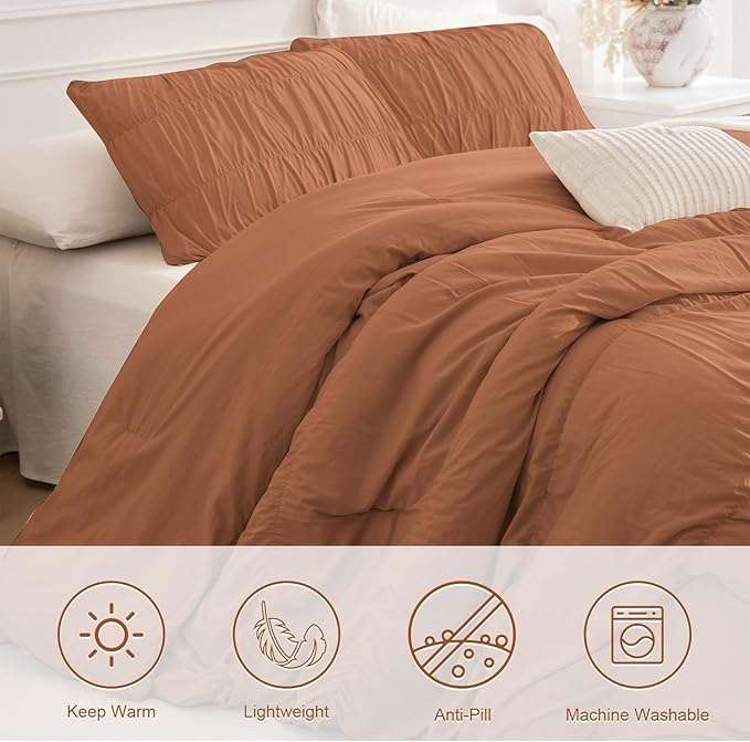 Masaca Pumpkin Oversized King Comforter 128x120,Ruched Ruffle Textured Bedding Comforter Set,3Pcs Ultra Soft Fluffy Shabby Boho Brown Orange Comforter Sets Extra Large