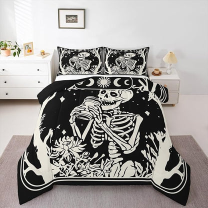 Erosebridal Goth Bedding Set Twin for Home, Spooky Halloween Gothic Skull Comforter Set, Skeleton Drinking Coffee Black Comforter, Sun and Moon Quilt with 1 Pillowcase for Kids Teens Women Men