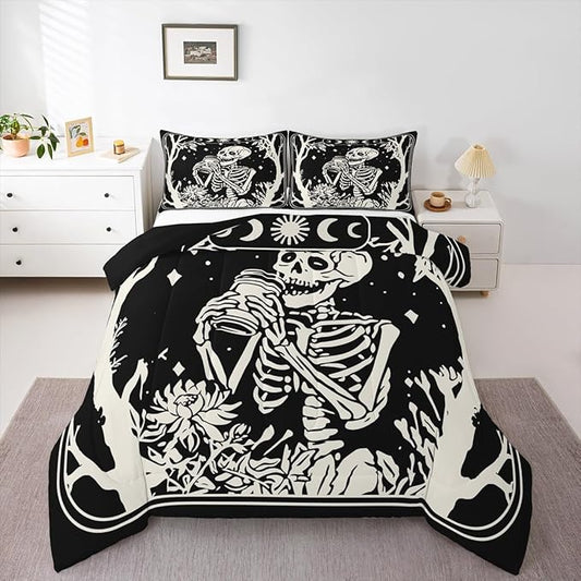 Erosebridal Goth Bedding Set King for Home, Spooky Halloween Gothic Skull Comforter Set, Skeleton Drinking Coffee Black Comforter, Sun and Moon Quilt with 2 Pillowcases for Kids Teens Women Men