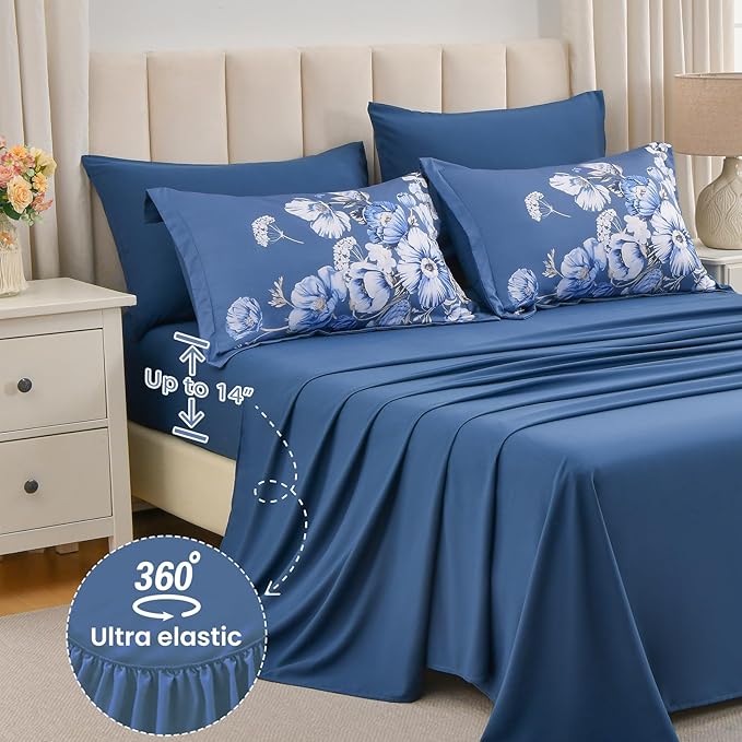 King Size Comforter Set - 7 Pieces Floral Comforter and Sheet Set, Blue King Size Bed in a Bag, Soft Microfiber Flower Complete Bedding Set for All Seasons（Blue,104"x90"）