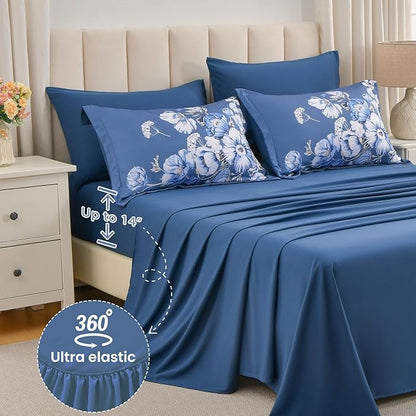 King Size Comforter Set - 7 Pieces Floral Comforter and Sheet Set, Blue King Size Bed in a Bag, Soft Microfiber Flower Complete Bedding Set for All Seasons（Blue,104"x90"）