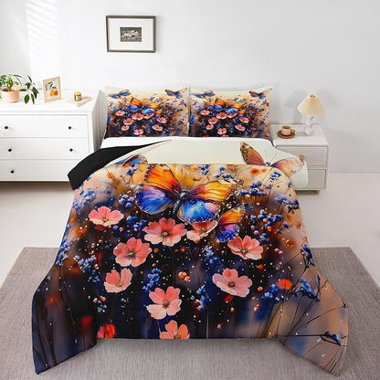 Feelyou Butterfly Comforter Set Full Size Butterflies Print Comforter for Boys Girls Teens Animal Bedding Set Butterfly Floral Duvet Set Room Decor Blue Purple Quilt Set