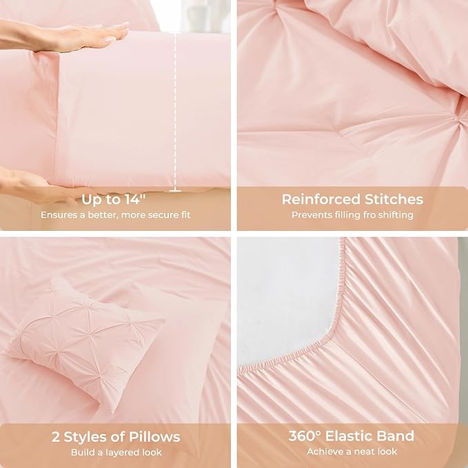 Sasttie Twin XL Comforter Set, 5-Piece Bed in a Bag, Pintuck Bedding Sets for All Season, Includes Comforter, Flat Sheet, Fitted Sheet, Pillowcase and Pillowsham, Blush Pink