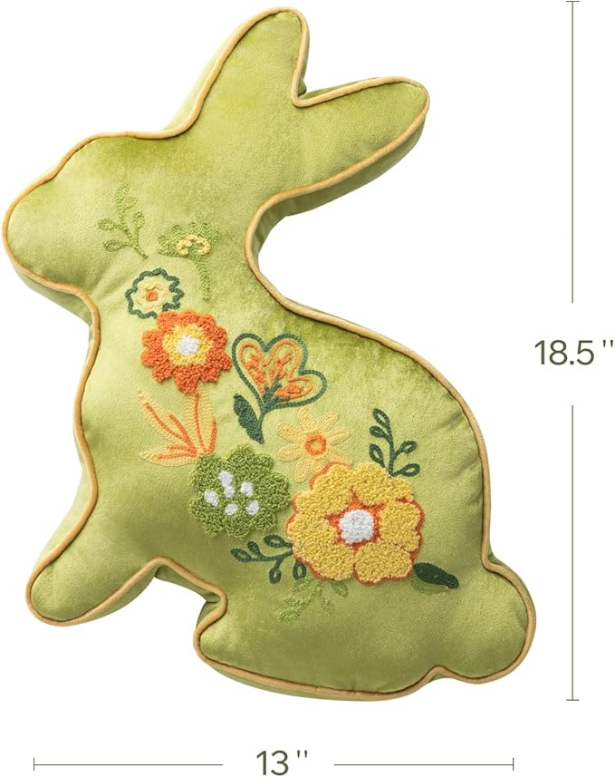 Phantoscope Happy Easter Bunny Shaped Throw Pillow, Embroidered Floral Patterns Cushion Soft Velvet Easter Rabbit Decorative Pillow for Couch Living Room Bed, Green,18.5 x 13 inches