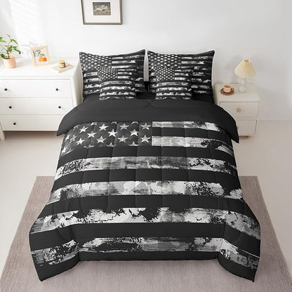 Erosebridal 7 Pcs Black Camo Comforter Set Full Size,Camouflage American Flag Bed in a Bag with Flat Fitted Sheet for Kids and Adults,Retro USA Flag Bedding Set with Pillowcases and Cushion Cases