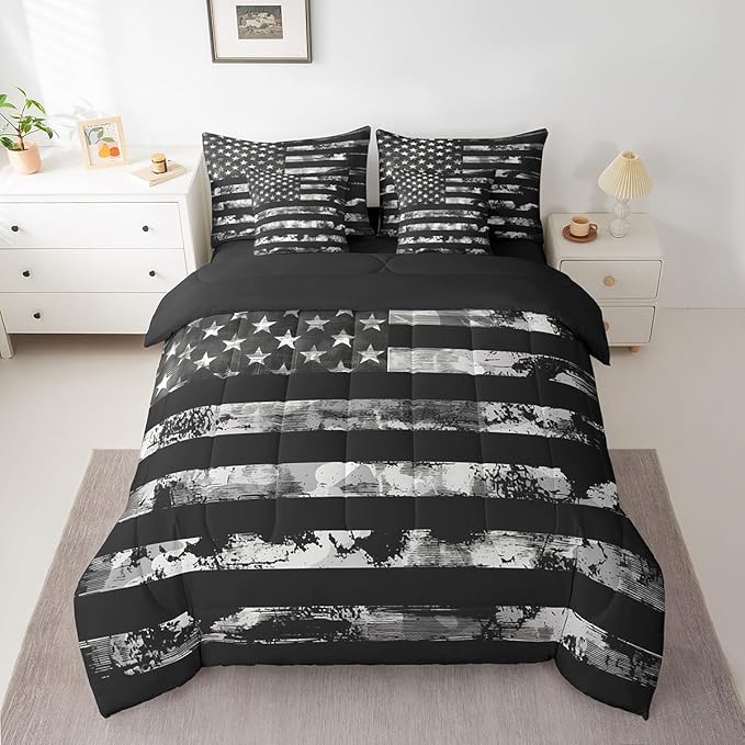 Erosebridal 7 Pcs Black Camo Comforter Set Queen Size,Camouflage American Flag Bed in a Bag with Flat Fitted Sheet for Kids and Adults,Retro USA Flag Bedding Set with Pillowcases and Cushion Cases