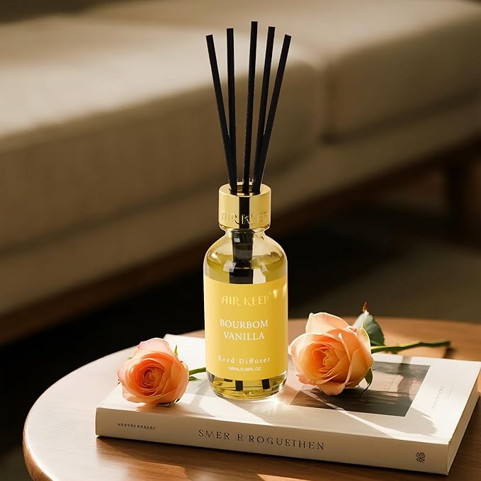 Airkeep Reed Diffuser Set, 3.38 fl oz (100 ml) - Bourbom Vanilla Oil Diffusers with 8 Reed Sticks, Home Fragrance Reed Diffuser for Bathroom Shelf Decor
