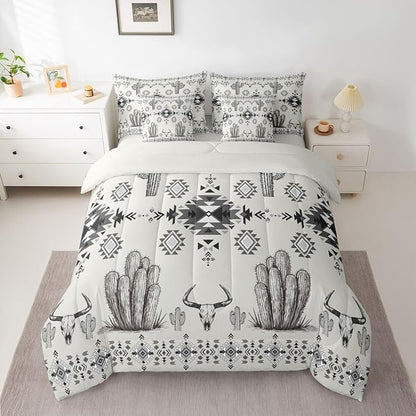 Erosebridal Grey Southwestern Bed in A Bag 7 Pcs Western Aztec Comforter Set for Women Men Country Geometric Vintage Bedding Sets King Rustic Cactus Bull Skull Boho Tribal Sheet Set with Comforter