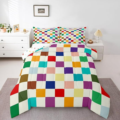 Feelyou Colorful Checkered Retro Bedding Set Kids Boys Girls Modern Geometric Cute Comforter Set Queen Size Beige Colorful Duvet Insert Vintage Simple Groovy Aesthetic Room Decor