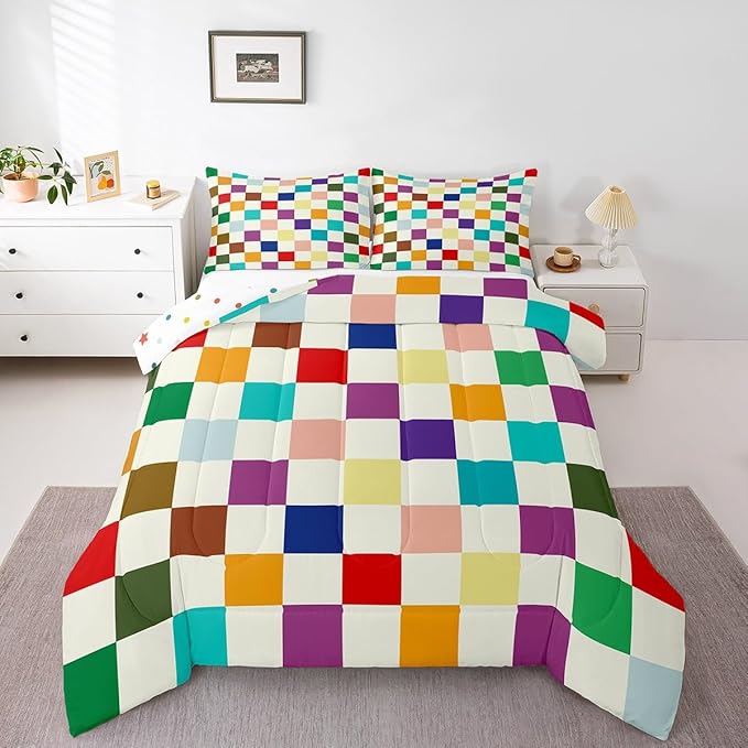 Feelyou Colorful Checkered Retro Bedding Set Kids Boys Girls Modern Geometric Cute Comforter Set Full Size Beige Colorful Duvet Insert Vintage Simple Groovy Aesthetic Room Decor