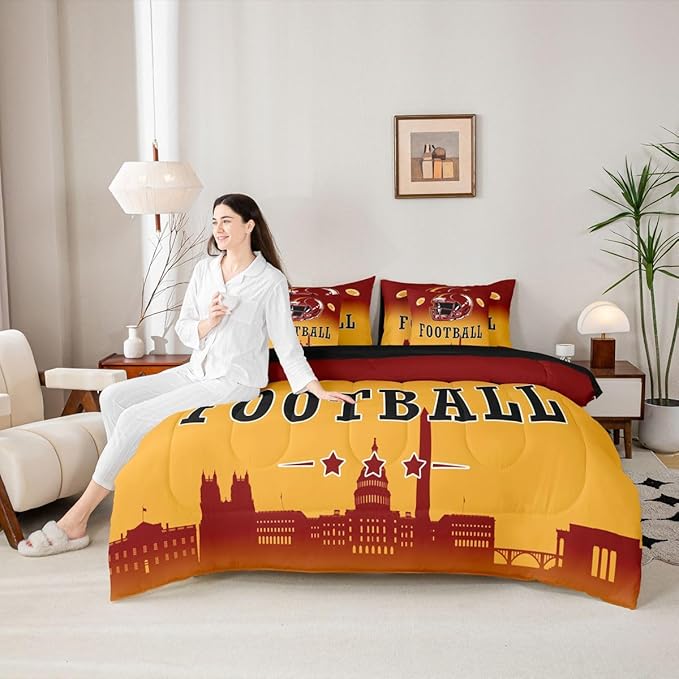 Erosebridal Football City Bed in A Bag Full for Kids Boys Teen,American Soccer 7 Piece Bedding Set Sports Rugby Competitive Games Comforter Set with Sheets City Theme Ball Sports Bed Set