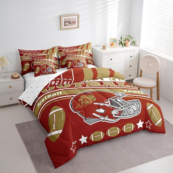 Feelyou Football 7 Pieces Comforter Sets Queen Size Kids Rugby Sports Bedding Set for Boys Kids Teen Sports Theme Bed in a Bag with Comforter, Sheets, Pillowcases & Cushion Cover