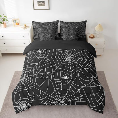 Feelyou Spider Web Comforter Set Twin Size 7 Pcs Halloween Spider Comforter Bed in a Bag Black White Bedding Set for Boys Girls Teens Gothic Bed Set with Sheets, Pillowcases, Pillow Covers