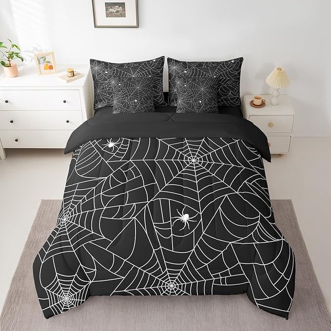 Feelyou Spider Web Comforter Set King Size 7 Pcs Halloween Spider Comforter Bed in a Bag Black White Bedding Set for Boys Girls Teens Gothic Bed Set with Sheets, Pillowcases, Pillow Covers