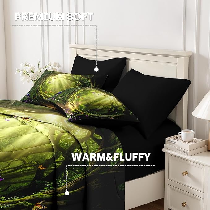 Nesker 5 Pcs Spring Comforter Set Twin Size, Green Forest Path Bedding Set for Kids and Adults, Magical Butterfly Nature Bed Sheet Sets with Fitted Sheet Pillowcase & Sham